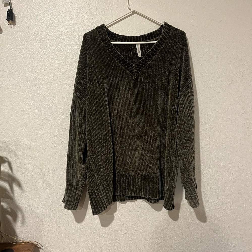 Olive Green V-Neck Chenille Sweater
